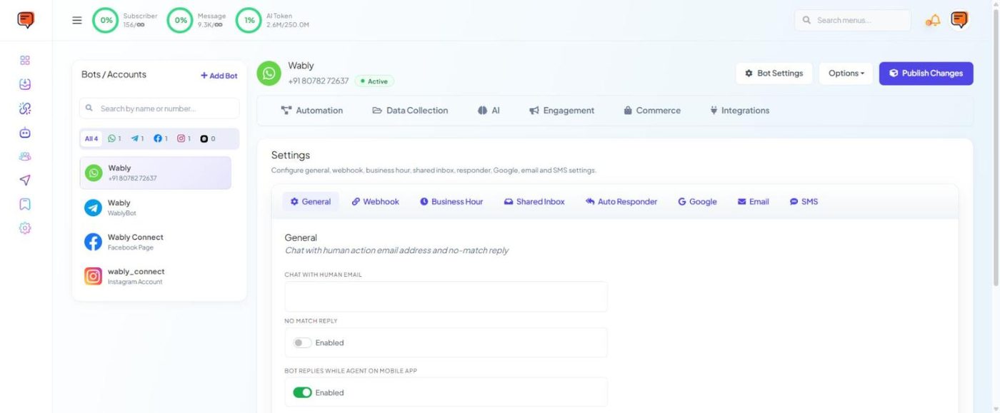 Bot Settings — eight tabs, with Publish Changes at the top right