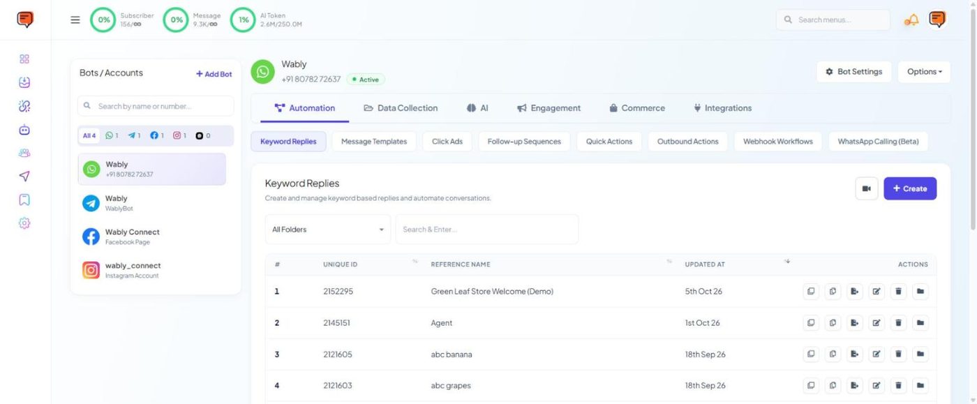 Chatbot Manager — pick a bot on the left, then use the tabs along the top