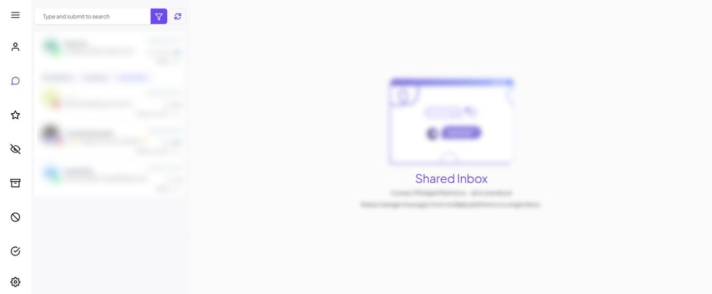 Shared Inbox — filter icons on the far left, conversations next to them (customer details blurred)